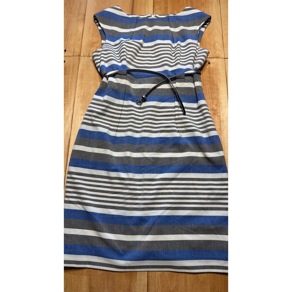 Calvin Klein Womens‎ Blue Grey Striped Belted Sheath Dress Size 14 Sleeveless